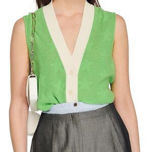 SANDRO Green Sleeveless Knit Top with Cream Trim.